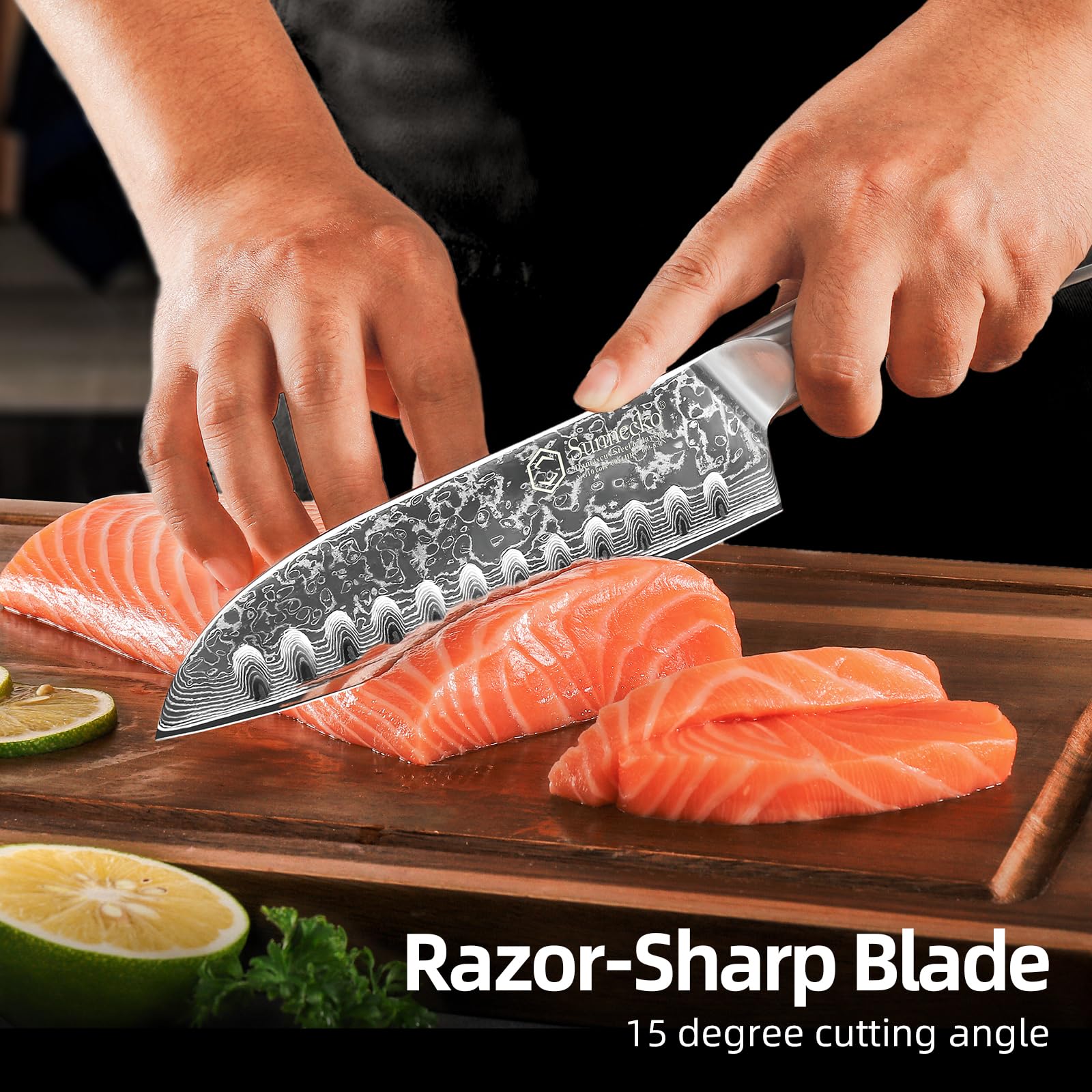 Sunnecko Faca Santoku de 18 cm, faca de chef Damasco VG-10, faca